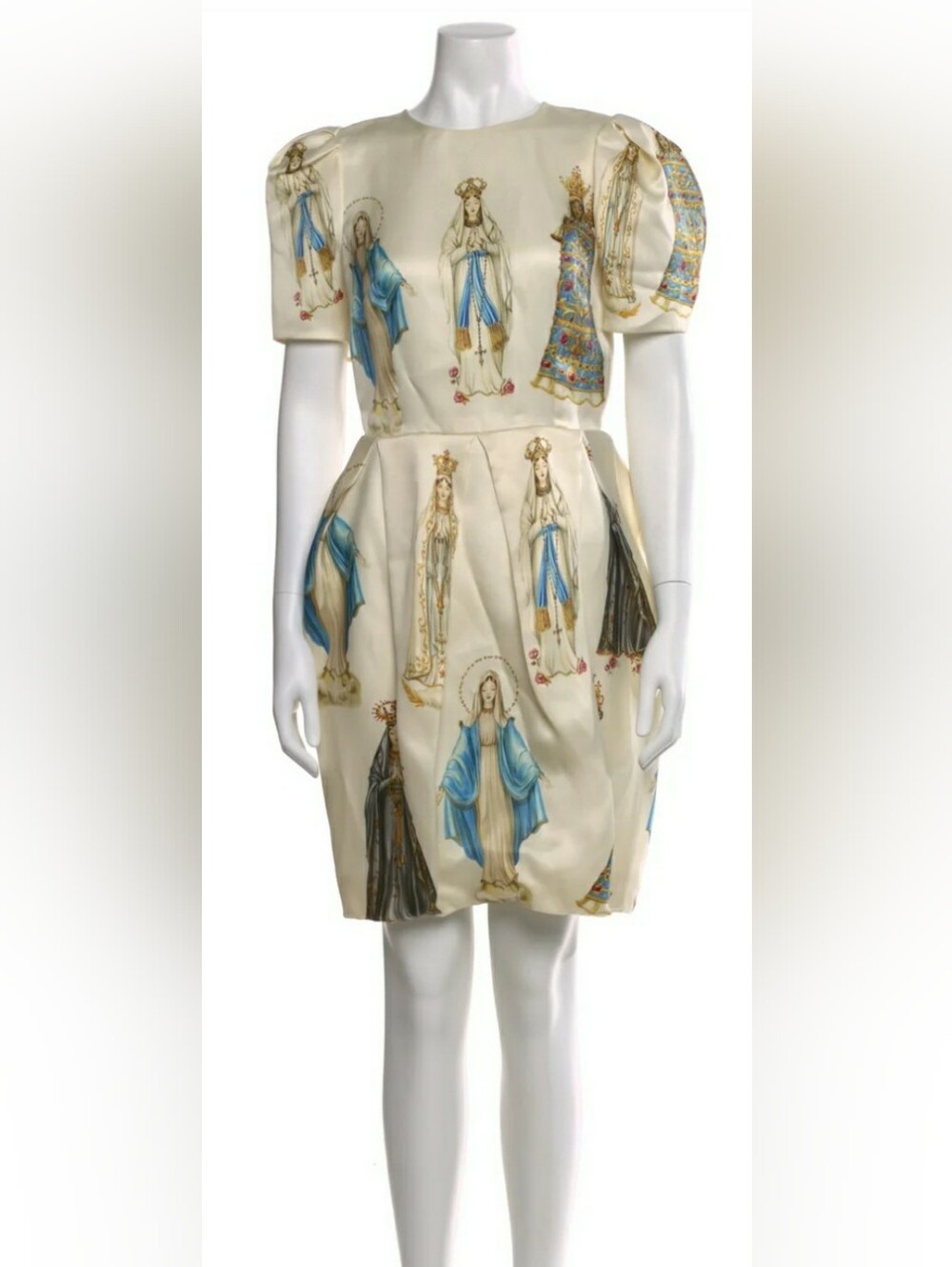 Dolce & Gabbana Le Madonne Printed Puff-Sleeve Silk Dress